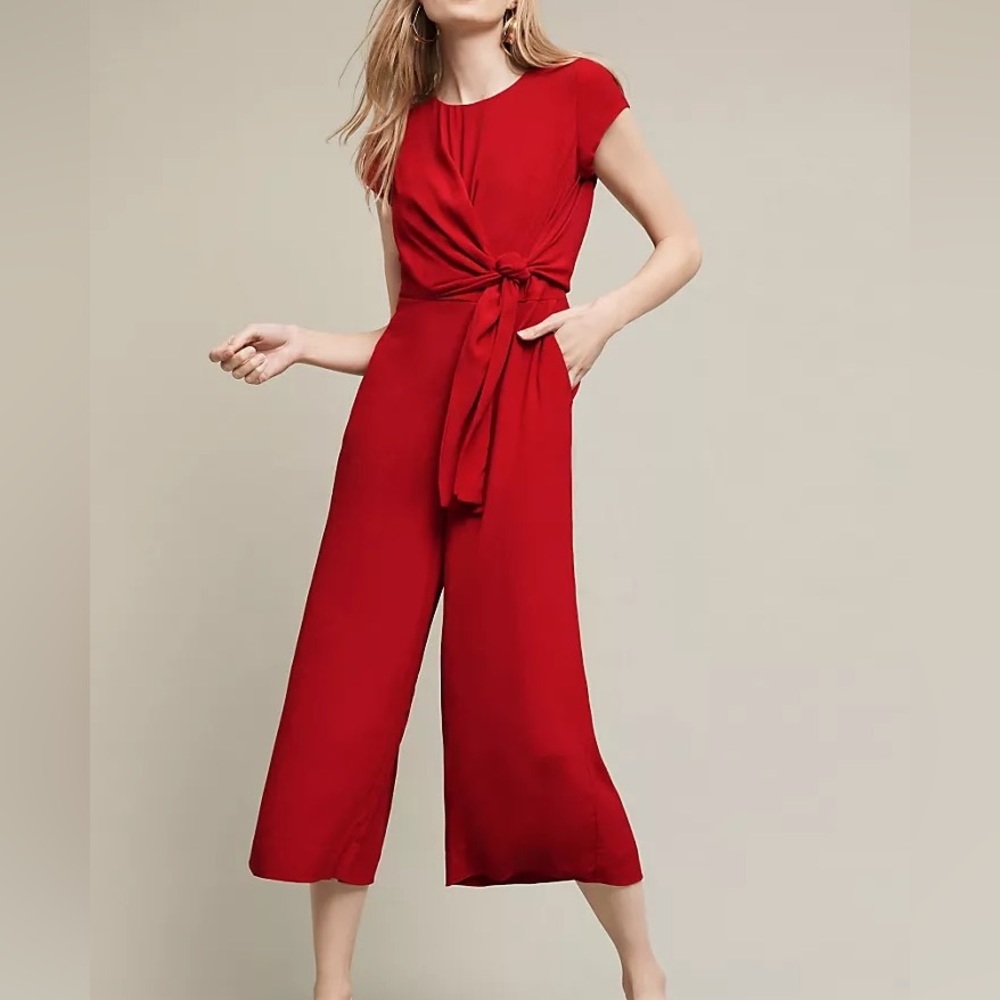 Anthropologie Red Tie-Waist Cap-Sleeve Jumpsuit